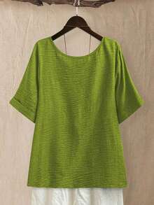 CURVE Blusa casual/diaria/de salida/simple/para viajar de manera relajada/que ilumina, de cuello redondo, de color verde pradera texturizada, talla grande, para primavera/verano - Verde Oliva - Ver 2