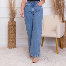 Jeans cintura alta perna larga/Estas calças não têm elasticidade e o tecido é 100% algodão - Azul Céu - Visão 2