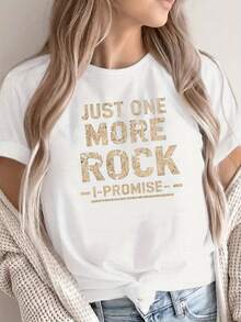 Women's Casual Crew Neck T-Shirt, 100% Polyester Fabric, Regular Length, With Geometric Rock Typography Design, For All Seasons, Everyday Fashion | Crew Neck T-Shirt | Comfortable Fit Suitable For Spring, Summer And Autumn - trắng - Xem 7