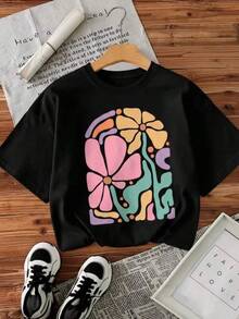 New 2026 Playera con diseño floral, estampado, colores pasteles, diseño creativo, moderno, cuello redondo, manga corta, ideal uso diario, tierna, holgada, a la moda, ideal para tí. - Negro - Ver 1