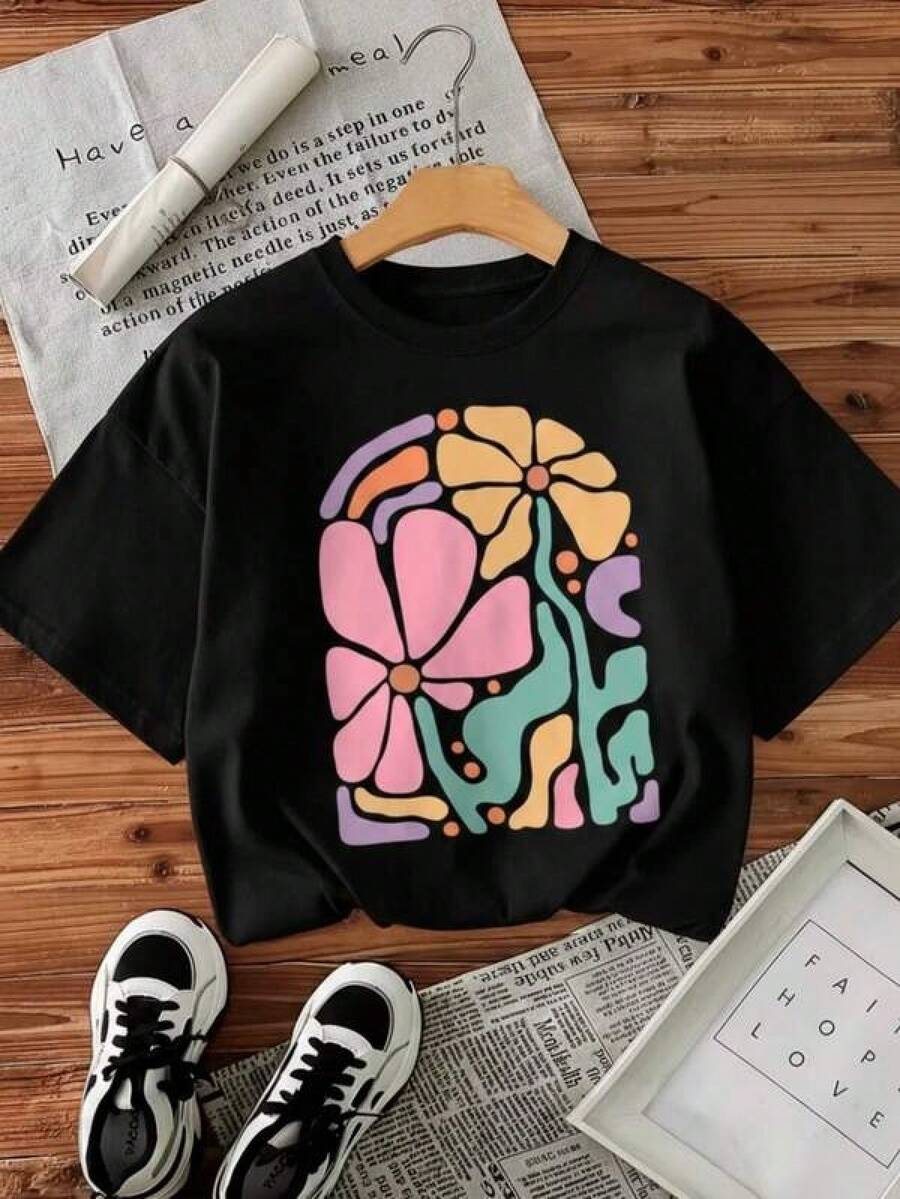 New 2026 Playera con diseño floral, estampado, colores pasteles, diseño creativo, moderno, cuello redondo, manga corta, ideal uso diario, tierna, holgada, a la moda, ideal para tí. - Negro - Ver 1