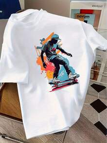 [Moda Casual de Verano] Playera de Cuello Redondo con Estampado de Niño en Skateboard, Moda Casual de Verano, Nueva Llegada, Corte Holgado, Diseño Cómodo y Transpirable, Simple y Elegante para Uso Diario, Mostrado en Fondo de Escritorio de Madera, Acogedor - Blanco - Ver 6