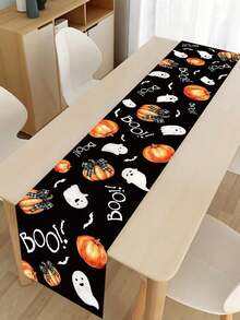 1pc Halloween Table Runner, Size 180*35cm, Polyester Material, With Ghost Pumpkin Pattern, Halloween Tablecloth, Halloween Decor, Halloween Party Decor, Halloween Candy Or Trick Decor, Joyful Halloween Decor, Kitchen Supplies, Tabletop Decor - Multicolor - View 7