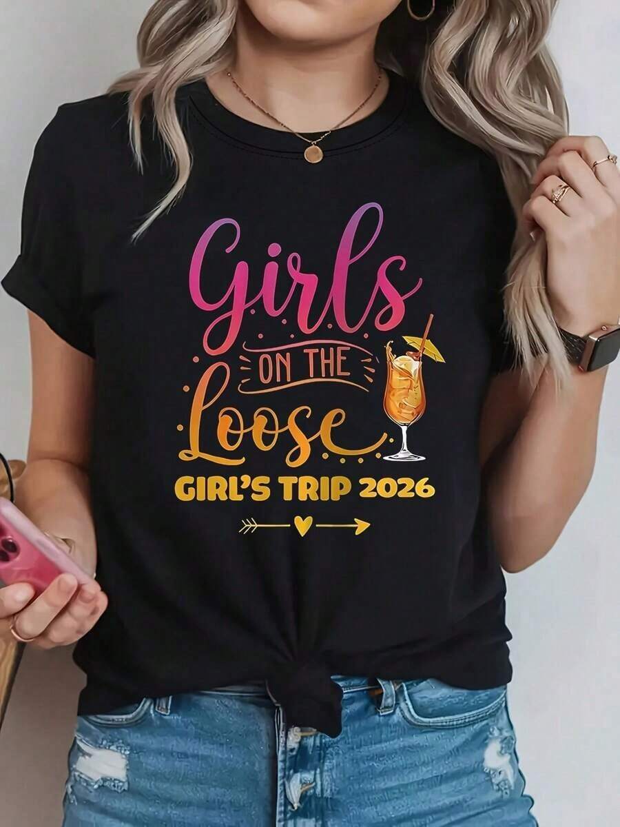 On The Loose TRIP 2026 Women's Summer T-Shirt With Letter Print, Round Neck, Vibrant Vacation Atmosphere, For Best Friends Trip, Spring Summer - 黑色 - 查看 1