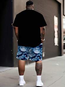 Men's Street Casual Sports Series Stylish Camouflage "Evil Smiling Face Print" Design Tracksuit - Polyester Knit Fabric, Round Neck Design, Drawstring Shorts, Pocket Details, Regular Fit, Suitable For Plus Size - Royal Blue - View 2