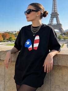Women's Summer Clothing, Soft And Casual Cotton T-Shirt With Round Neck, Puerto Rican Culture Print. White. - 黑色 - 查看 3
