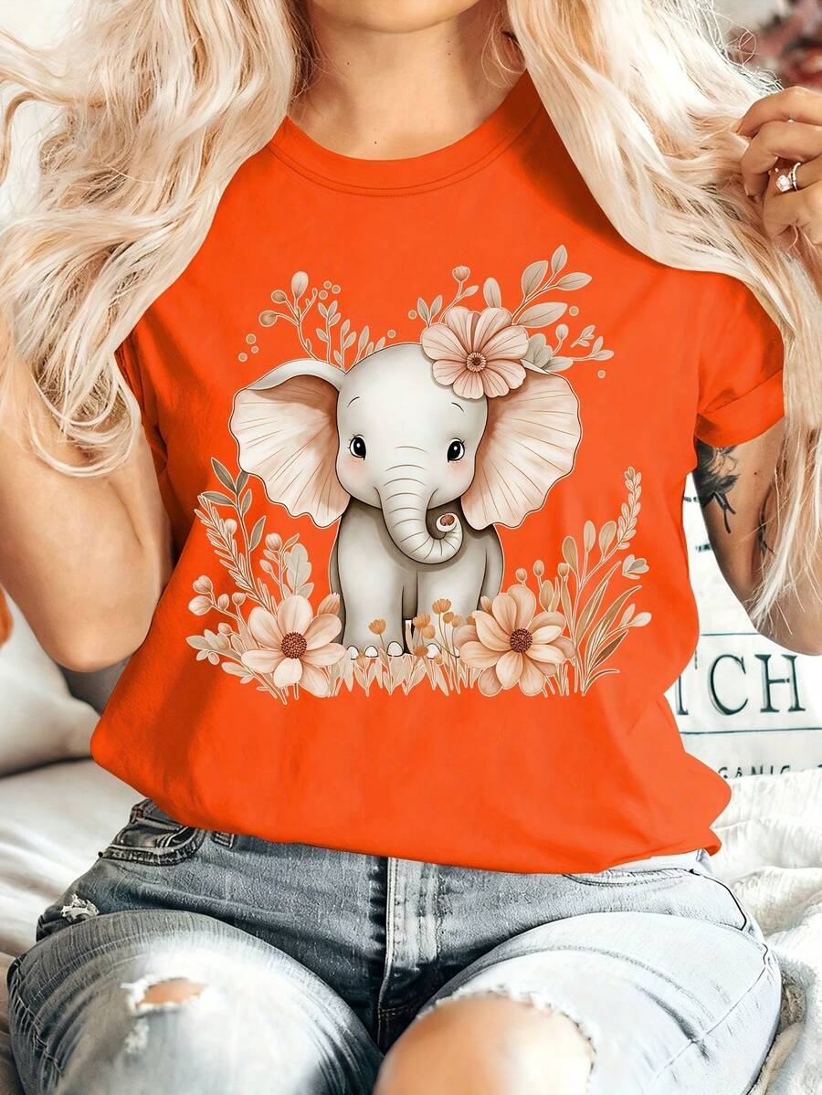 Women'S Winter Clothing, Deep Autumn Atmosphere Cartoon Little Elephant Floral And Plant Print Round Neck Short Sleeve T-Shirt, Comfortable Soft Fashion Elegant Vintage Casual Versatile Spring Summer Autumn Winter Athletic Top Multicolor Available S - Naranja - Ver 1