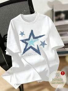 Camiseta Casual Holgada de Manga Corta con Cuello Redondo y Estampado de Estrella de Cinco Puntas para Mujer, Verano - Blanco - Ver 7