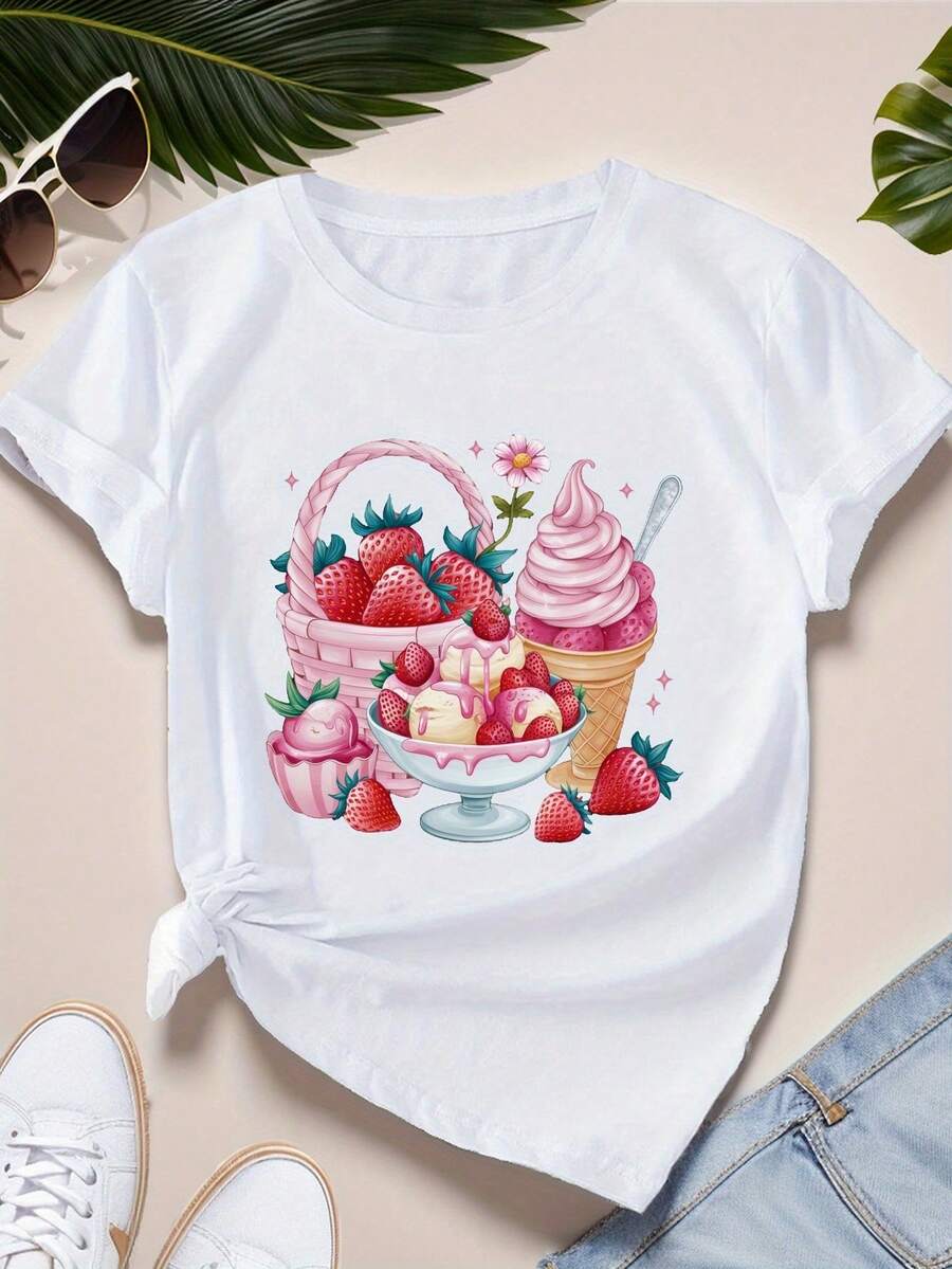 Strawberry-Themed Desserts And Items. Women's Short-Sleeved Sports T-Shirt. A Very Distinctive Printed T-Shirt / Unisex Style / Suitable For Both Men And Women / Wrinkle-Resistant / Breathable - 白色 - 查看 1