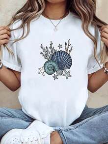 T-Shirt With A Print Of Seashells, Coral, And Starfish, Featuring A Round Neck And Short White Sleeves - Machine Washable, Suitable For Spring, Summer, And Fall, Casual Style, Comfortable Fit. Plus Size Women's Short-Sleeve T-Shirt: Loose Fit, Flattering And Versatile - Ideal For Casual And Sporty Occasions. - 白色 - 查看 7