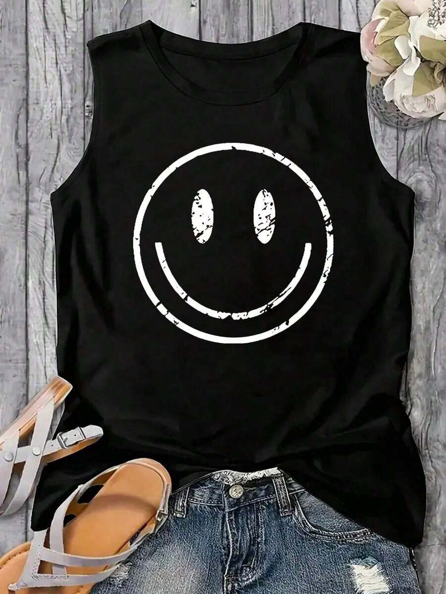 2026 Plus Size Summer Casual Print Tank TopBeach Vacation Casual Souvenir Clothing - Cozy Summer Essential & Casual Chic - Black 2 - 查看 1