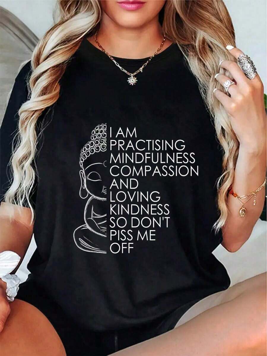 Women's T-Shirt 100% Casual Tshirt Funny Sarcastic Spiritual Buddha Yoga Meditation Casual Daily - 黑色 - 查看 1
