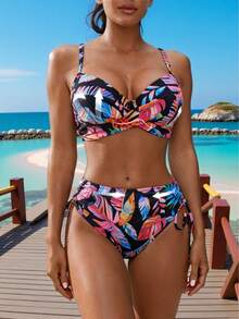 Traje de Baño de Dos Piezas para Mujer Talla Grande, Bikini Sexy con Escote en V Profundo, Cintura Alta, Estampado - Color de la imagen - Ver 4