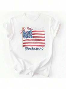 1 Piece Unisex Red Short Sleeve Casual T-Shirt With American Flag And Cranberry Print, Women's Top, Clothing For 4th Of July Independence Day Celebration, 180g 100% Cotton - 白色 - 查看 5