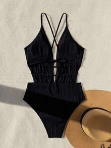 Traje de baño de una pieza con diseño de espalda descubierta, de unicolor, fashionable, para playa de verano, color blanco - Negro - Ver 6