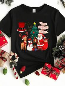 New 2026 Playera con diseño de Santa Claus, Reno, Muñeco de Nieve y accesorios Navideños, estampado, ideal para esta temporada y uso diario, llamativo, moderno, holgado, cuello redondo, manga corta, ideal para toda la familia - Negro - Ver 6