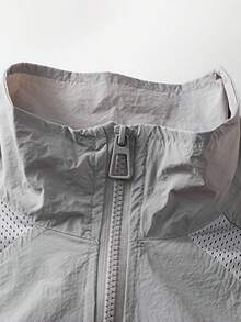 1pc Men's Jacket, Grey Mesh Splice Stand Collar Zipper Jacket, Woven Fabric Loose Silhouette Comfortable Non-Pilling, Casual Sporty Style, Suitable For Commuting, Summer Outdoor Activities - Grey - View 8