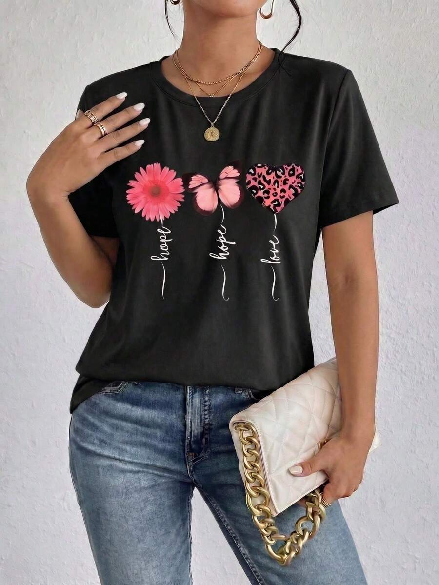 Women's Casual Cotton Round Neck Short Sleeve T-shirt with Flower Butterfly and Heart Print - Negro - Ver 1