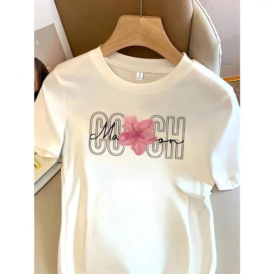 Women's Graphic Print Cotton T-Shirt, Short Sleeve, Round Neck, With Floral And Letter Print, Casual Summer Style, Soft And Breathable, Ideal For Work, School, Travel And The Weekend. - 白色 - 查看 1