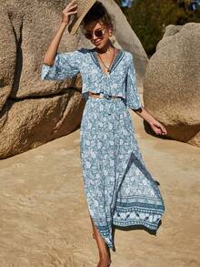 Women's Blue Dress With Tropical Floral Print, Deep V-Neck, Half Sleeves With Belt, Long Skirt With Side Slit, Lightweight Fabric Ideal For Summer, Boho Beach Style Perfect For Vacations, Beach Parties And Festivals - 藍色 - 查看 5