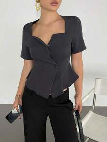 Camisa de mujer de unicolor con cuello cuadrado, doble botonadura y mangas abullonadas a la cintura - Gris - Ver 6