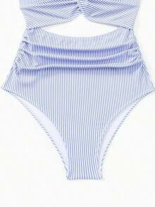 Traje de baño de una sola pieza con corte retorcido y recorte frontal, estampado a rayas para mujer en la playa en verano - Azul y blanco - Ver 4