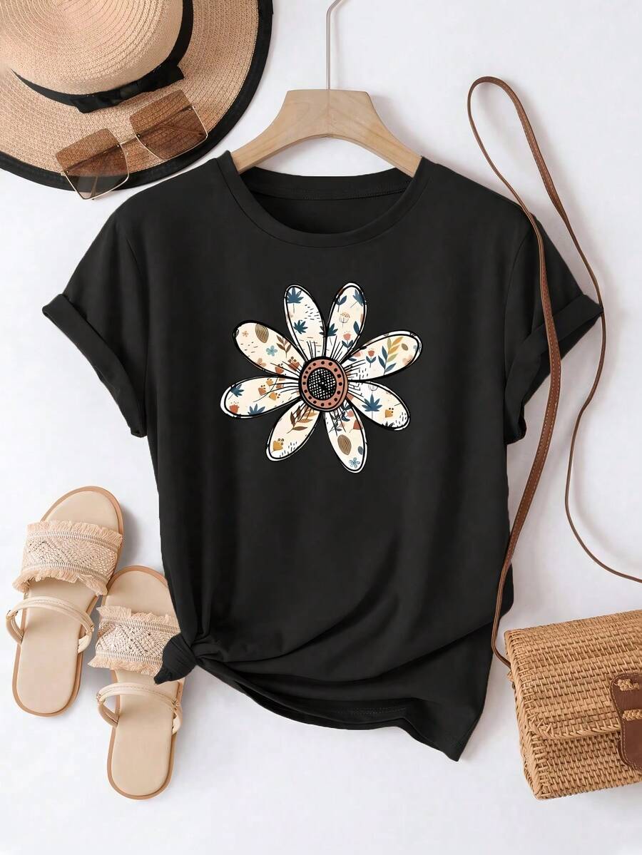 Camiseta Casual de Mujer de Cuello Redondo y Manga Corta, con Estampado Floral Vintage, Ideal para Uso Diario en Primavera y Verano - Negro - Ver 1
