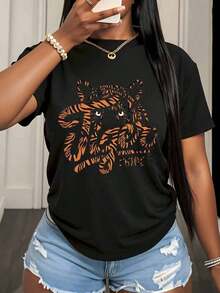Women's Cotton T-Shirts With Tiger Pride Graphic Print, Casual Short-Sleeved Women's T-Shirt, Animal Print Top For School Events And Team Support, Women's Basic Blouses. - 黑色 - 查看 2