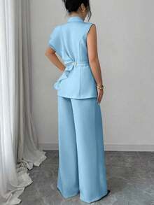 Elenzya Traje formal elegante de mujer color albaricoque, conjunto de blazer con cuello de volantes de organza con lentejuelas y cintura con lazo, que incluye chaqueta sin mangas y pantalones rectos, color burdeos, adecuado para Halloween, Navidad, Año Nuevo, ceremonia de graduación, boda y otras ocasiones. - Celeste - Ver 2