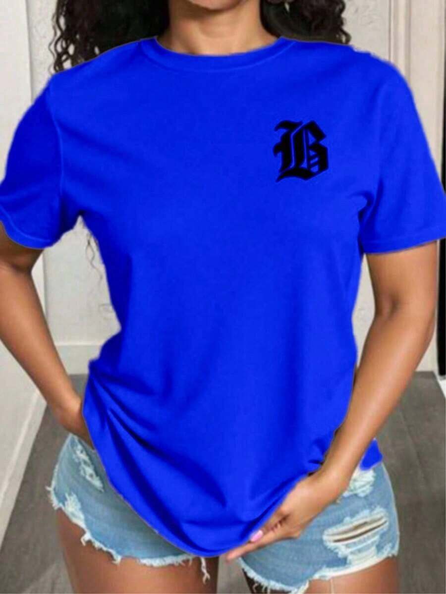 Playera básica mujer dama cuello redondo manga corta estampado de letras LB gotico Camisetas gráficas de manga corta de ajuste casual y delgado para mujeres casual algodón Textura Suave Fortiz - Azul - Ver 1