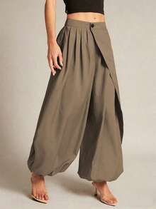 Pantalones casuales de unicolor asimétricos para mujer, pantalones de diseño suelto con cordón, longitud hasta el tobillo con botón y cremallera con pliegues - Caqui - Ver 4