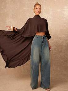Nueva llegada Blusa elegante de mujer de alta gama con cuello suelto, bajo asimétrico con volantes, parte delantera corta y parte trasera larga - Marrón - Ver 3