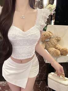 Áo tank top lửng tay loe nhún bèo kiểu dáng ngọt ngào dành cho bé gái, áo hai dây dệt kim màu trắng ôm sát, thích hợp cho mùa xuân/hè, mặc thường ngày, dự tiệc, ngày Valentine, hoặc mặc lớp giúp thon gọn vóc dáng. - trắng - Xem 4