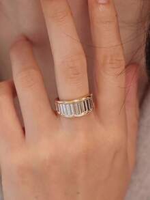 1 pieza Anillo de banda ancha elegante y versátil de lujo y moda, con textura de metal enchapado de dos tonos, adecuado para uso diario, banquetes, fiestas, regalos, accesorio de joyería - anillo - Ver 6