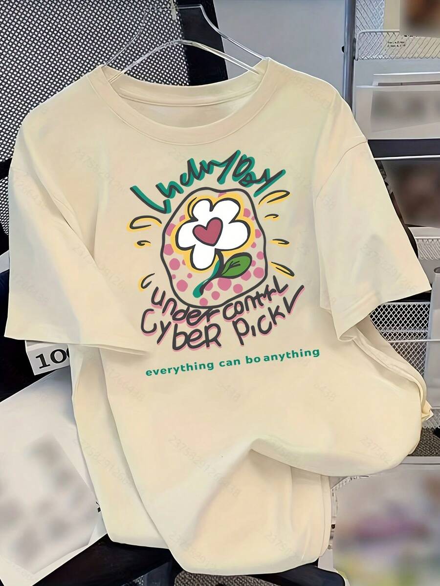Women's Short Sleeve T-Shirt With Cartoon Floral Print - Loose Fit, 100% Cotton, White "Everything Is Possible" Design, Casual Summer T-Shirt, Suitable For Everyday Wear, Comfortable And Fitted. | Cute Design T-Shirt | Machine Washable - Unisex Cotton Short Sleeve Crew Neck T-Shirt, Urban Vintage Style. - 杏色 - 查看 1