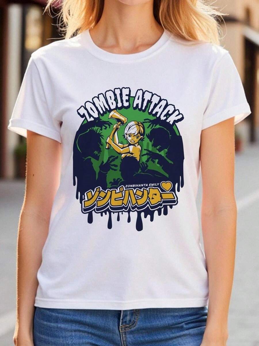 1 pieza clásica y versátil, camiseta de manga corta de algodón puro con estampado ZombieAttack Zonbihanta Emily para mujeres, ideal para usar en cualquier estación. Estilo moderno - Blanco - Ver 1