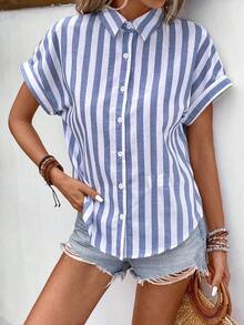 Camisa de rayas de manga murciélago - Azul y blanco - Ver 6
