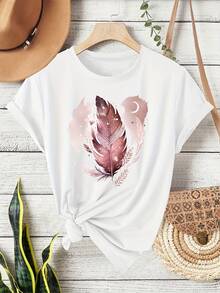 Short-Sleeved T-Shirt With Round Neck, Mexican Style, Bright Pink Feather Print,  Retro Style, Casual Sports And Fitness Clothing For Women, Suitable For All Seasons--Lightweight And Breathable. - 白色 - 查看 12