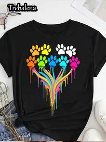 Plus Size T-Shirt With Round Neck, 100% Colorful With Rainbow Paw Print, Casual And Fashionable Style, Ideal For Pet Lovers, Suitable For Women's Clothing In Spring And Summer, Mother's Day/Memorial Day/June 16th Day, Sizes 0XL-4XL. - 白色1 - 查看 11