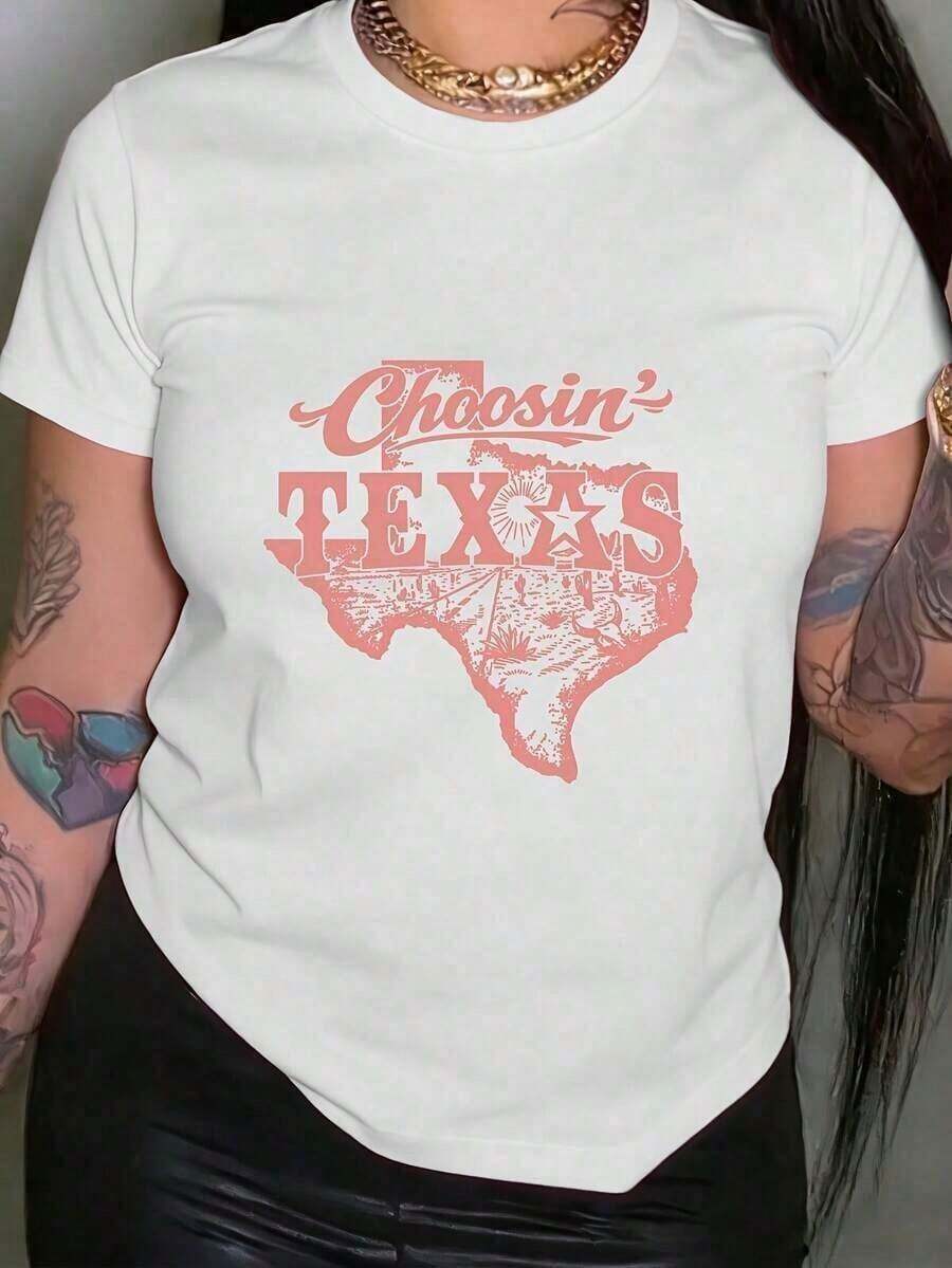 Camiseta de Mujer con Temática de Texas - Manga Corta, Cuello Redondo, Estilo Casual con Estampado del Estado de Texas, No Compatible con Blusas para Mayor Estilo | Ropa de primavera y verano lavable a máquina | Ropa Texan Pride para Atuendos Cotidianos y Regalos, Camiseta Estampada de Cuello Redondo para Mujer - Blanco - Ver 1