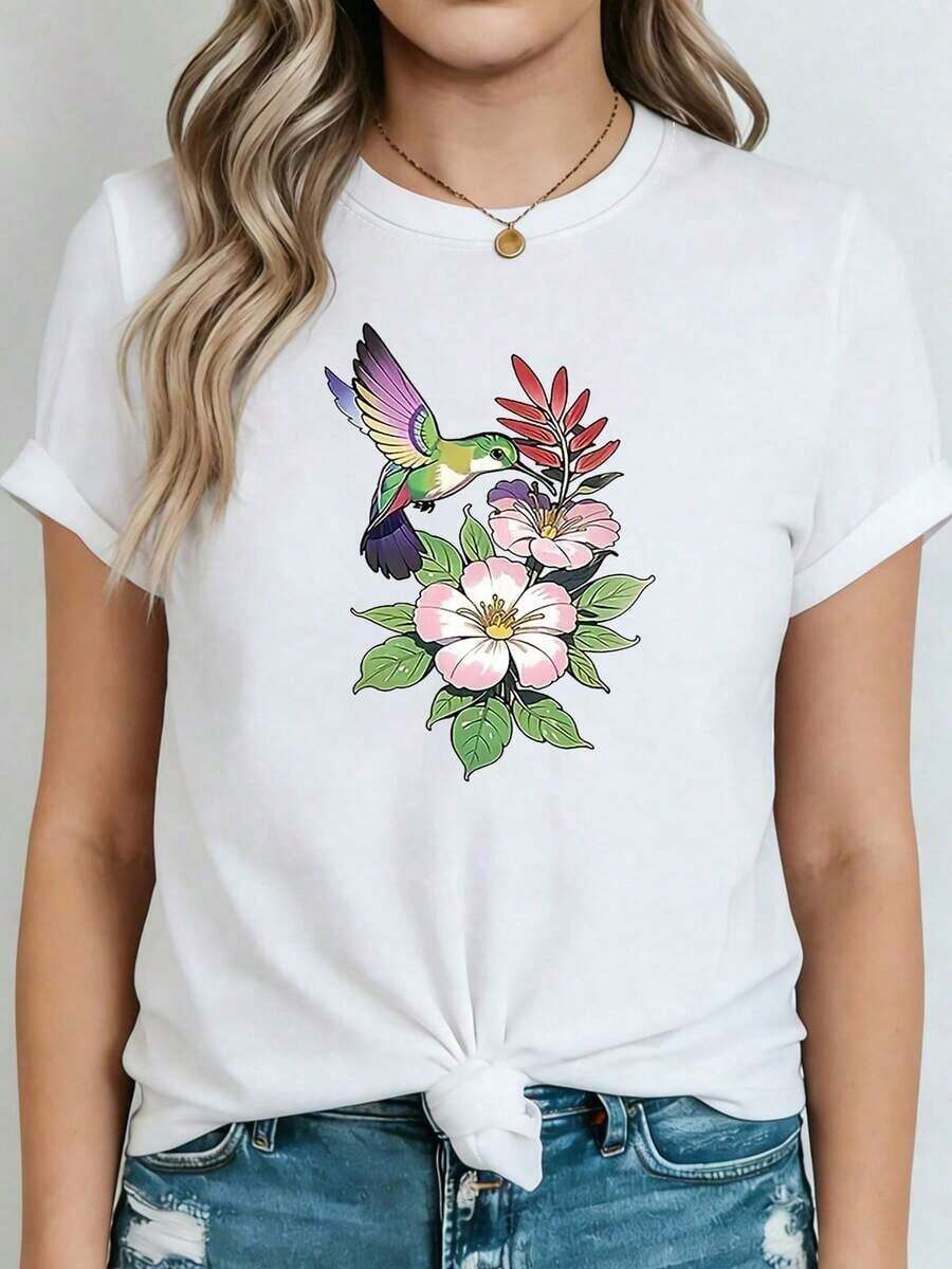 Talla Grande - Talla Grande - Camiseta De Mujer Talla Grande Con Estampado Gráfico De Flores De Colibrí, Top Casual De Manga Corta Y Cuello Redondo Para Verano Y Primavera, Ropa De MujerWomen's Casual Short Sleeve T-Shirt Solid Color Basic Tee Top blusas para mujer camisa - Blanco - Ver 1