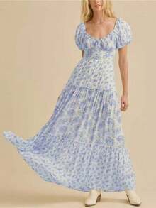 Women's Summer Floral Print Casual Fashion Puff Sleeve V-Neck Dress for Everyday Wear - Azul - Ver 2