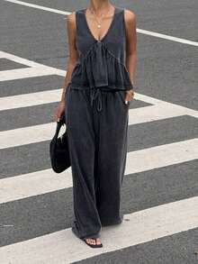 Conjunto de 2 piezas de camisola con cuello en V y pantalones para mujer, estilo vintage, efecto desgastado y lavado a la nieve, de , para verano. - Negro - Ver 3