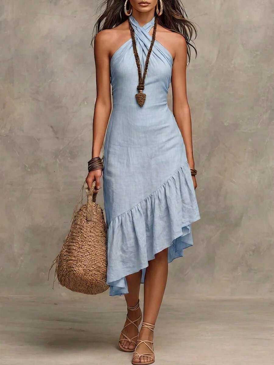Vestido largo de mujer de color liso con cuello halter, corte ajustado, sin mangas, estilo vacacional a la moda. - Celeste - Ver 1