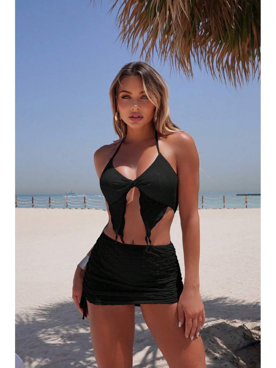 Traje de baño de dos piezas de color sólido, moderno y en stock para mujer, conjunto de bikini de tres piezas. - Juego de tres piezas negro 9328 - Ver 1