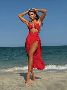 Nuevo traje de baño de tres piezas con falda larga de malla sexy de color sólido, bikini - Rojo - Ver 11