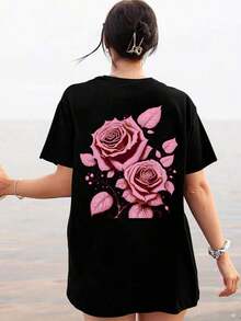 Conjunto de diez piezas de camisetas de primavera-verano para mujer, de talla grande, cuello redondo, hombros caídos, cómodas y holgadas, con estampado de gran tamaño -- Camiseta minimalista de algodón de manga corta para el día a día, transpirable y cómoda. - Negro 2 - Ver 2