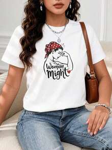 LooseCamiseta de manga corta estampada para mujer LeisureWomen, cómoda y elegante para uso diario informal, con un diseño de una mujer con un pañuelo rojo de lunares, de algodón puro.Basic Crew Neck Cotton T-shirt for Women - Blanco - Ver 1