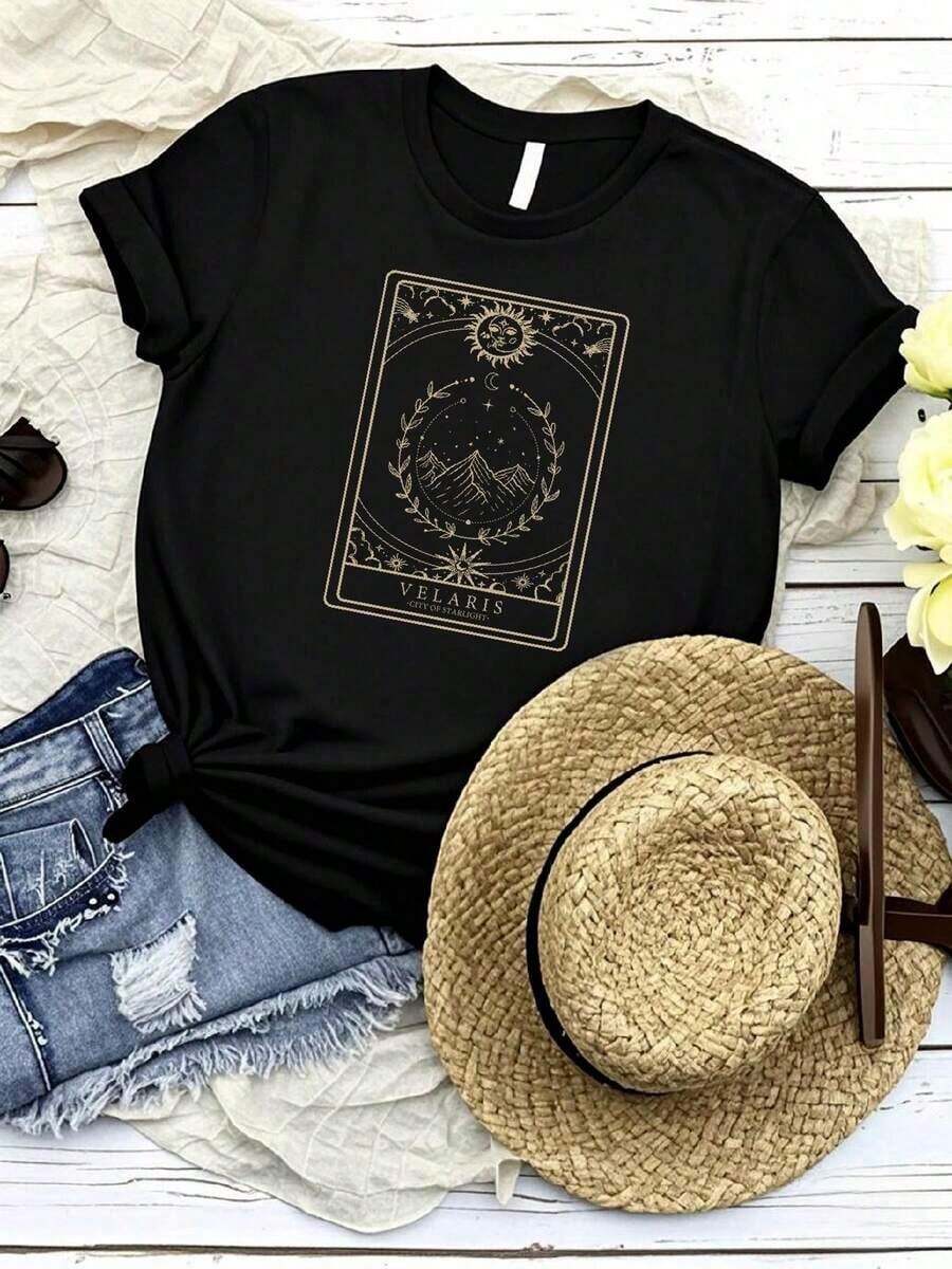 Women's Simple Loose Fit Modern Style T-Shirt Print ACOTAR Book T Shirt V1 Tarot Tattoo Merch Vintage Velaris SweaT City Starlight SJM Bookish 1704LO Women's Graphic Print T-Shirt Summer 2026 - 黑色 - 查看 1