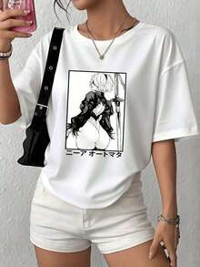 Camiseta Casual para Mujer con Personaje de Anime LooseLoose, 220g, Estilo Cool Girl, 100% Algodón, 1 Pieza, Camiseta con Estampado Gráfico Elegante, Corte Relajado, Túnica Básica Negra, Camiseta de Manga Corta para Verano, Ropa Urbana, Uso Diario, Moda Simple y Estética. Nueva Camiseta de Verano para Mujer, Casual y Cómoda, con Cuello Redondo. Camiseta Básica de Algodón con Cuello Redondo para Mujer. - Blanco - Ver 1